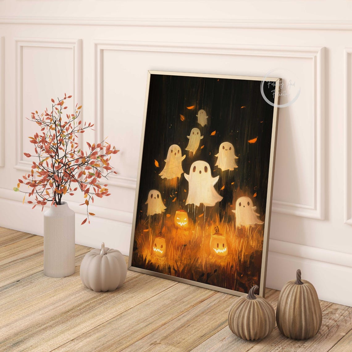 Cute Glowing Ghosts with Jack O Lanterns in Night Field Poster - Image 4