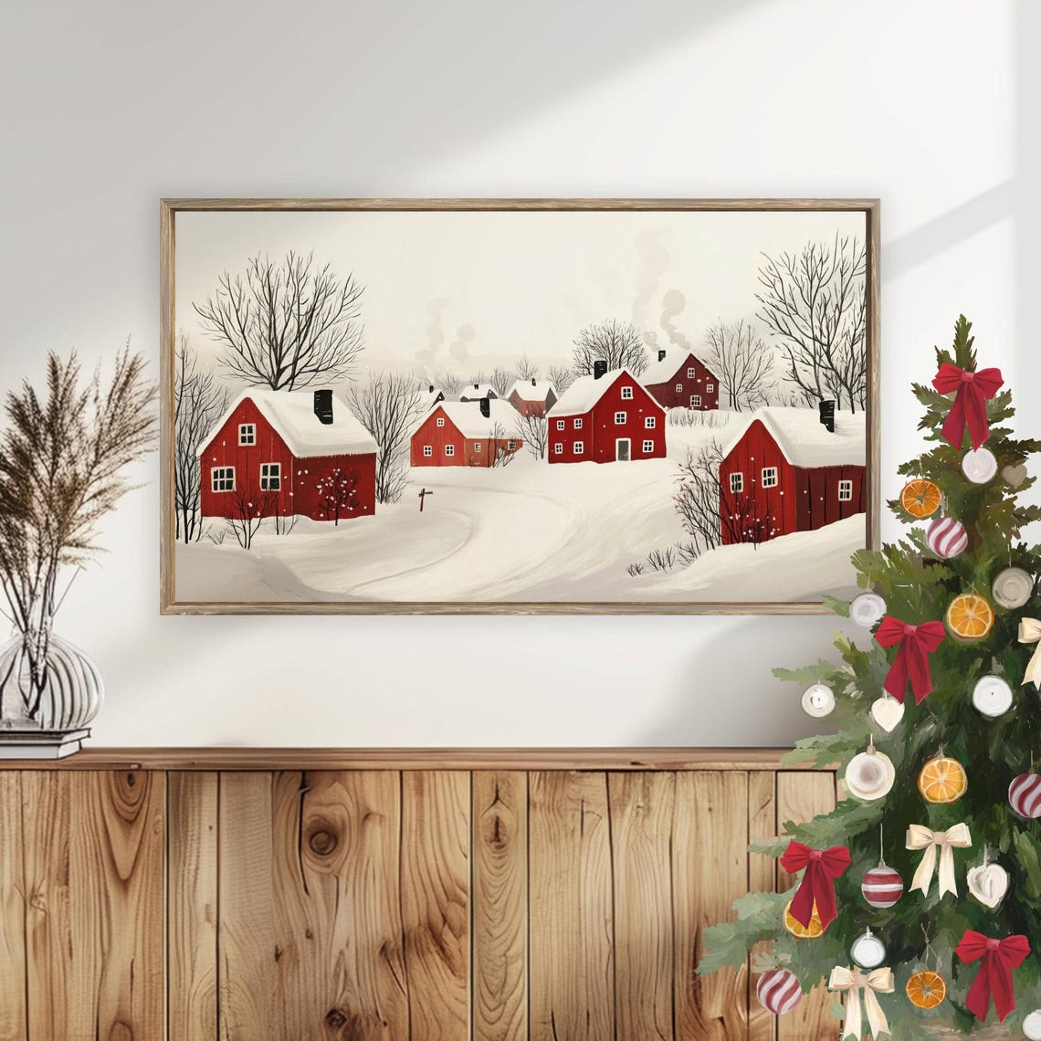 Minimal Winter Village Red Barns Snow Folk Art Serene Wall Art - Image 6