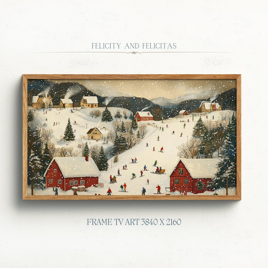 Winter Ski Village Red Barns Skiers Snowy Mountains Frame TV Art Poster