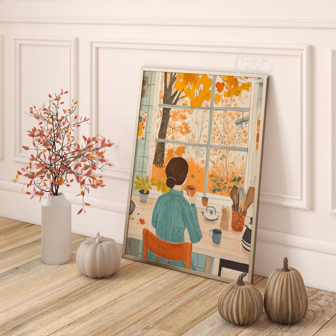 Autumn Window Woman Coffee Golden Foliage Kitchen Warm Wall Art - Image 4