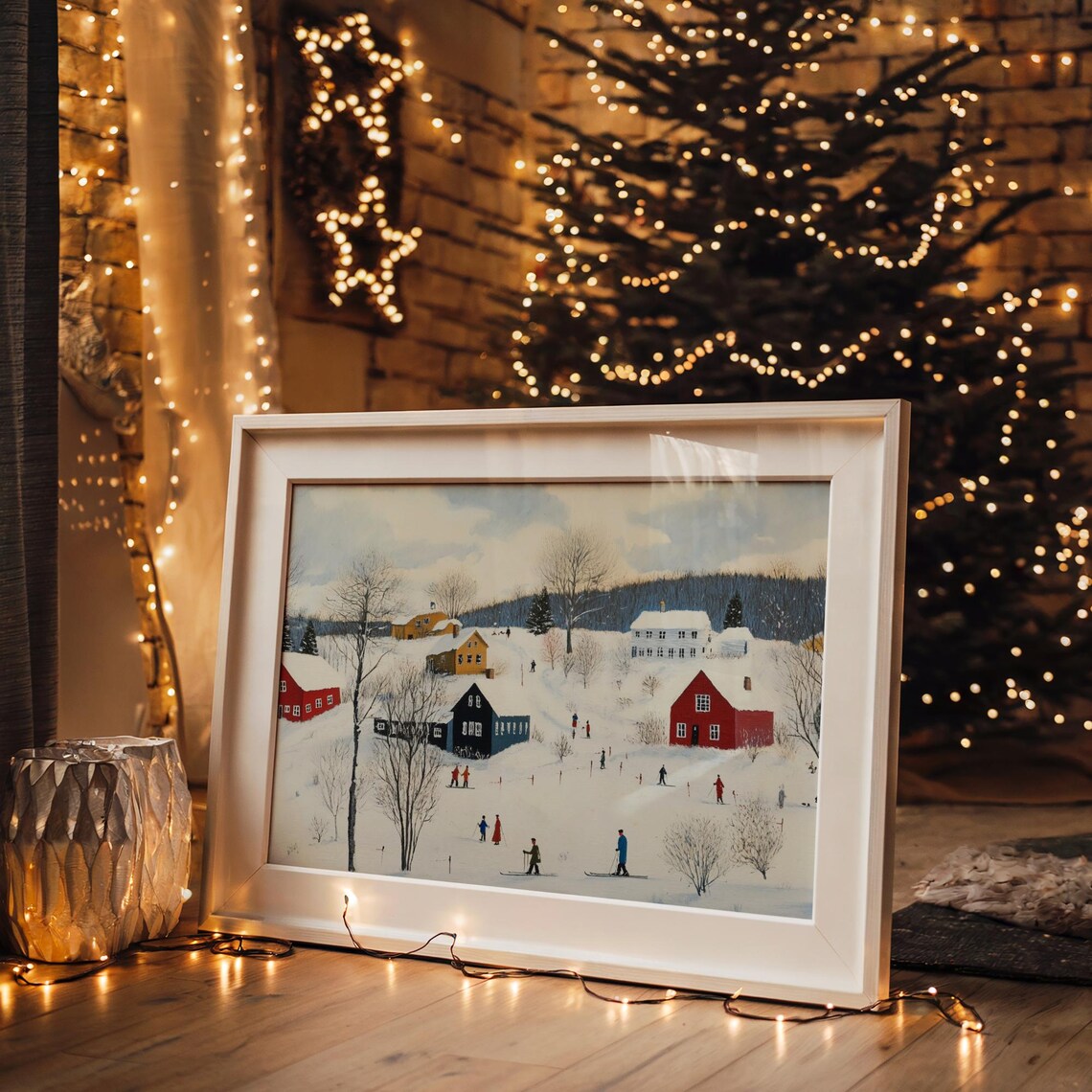 Winter Village Skiers On Snowy Hill Red Houses Folk Art Poster - Image 4
