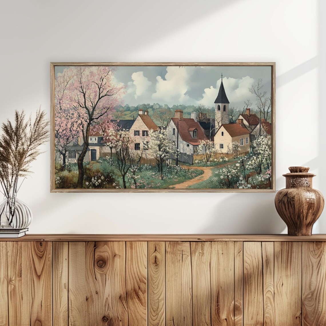 Spring Village Blooming Trees Church Spire Cottages Wall Art - Image 4