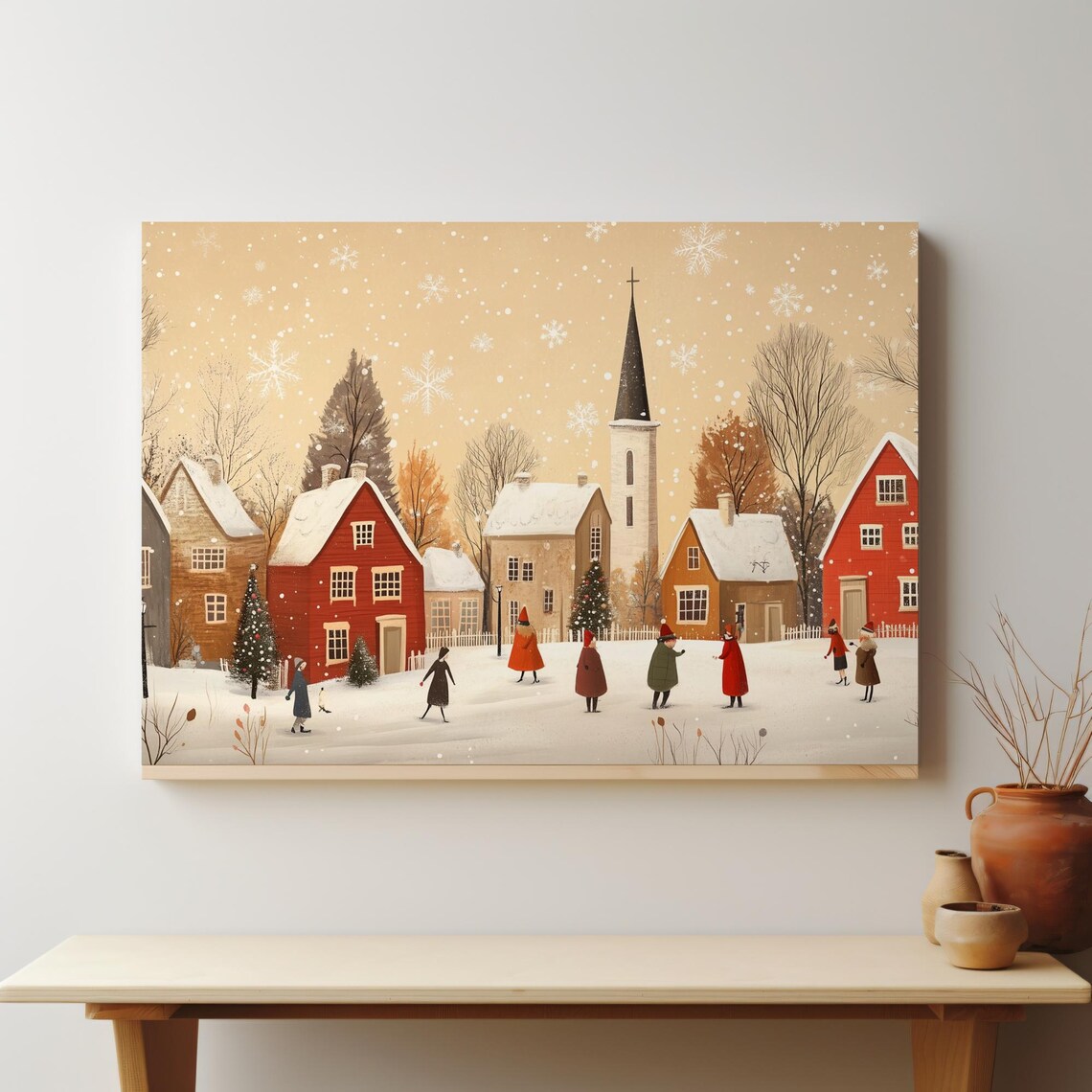 Neutral Winter Village Church Snowy Day Folk Art Scene Poster - Image 4