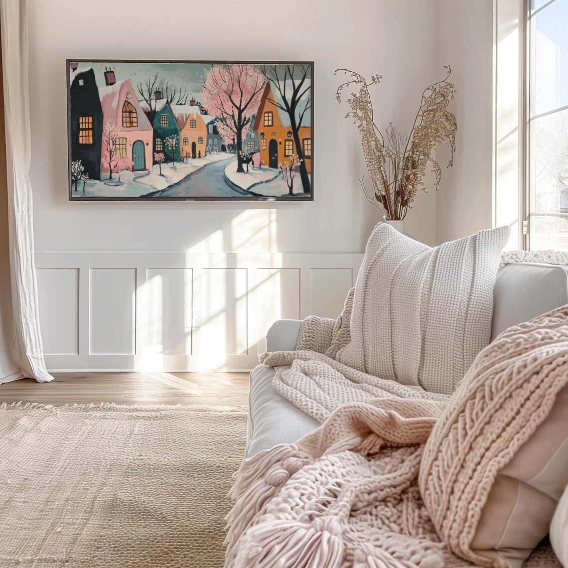 Pastel Valentines Winter Village Pink Trees Snowy Lane Poster - Image 6