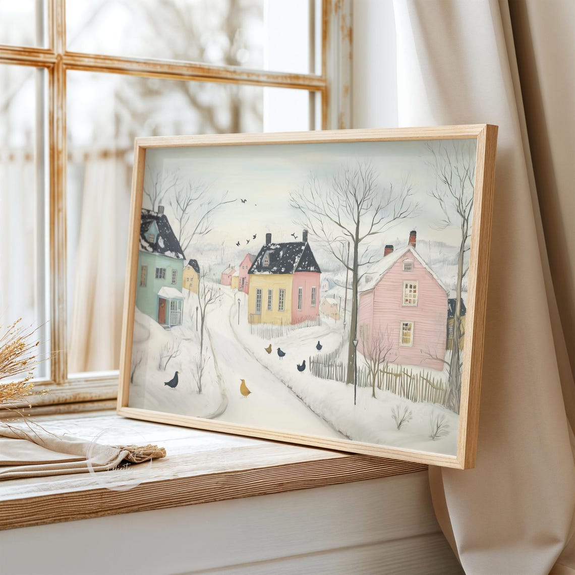 Cute Winter Wall Art Neutral Village Art Hello January Painting Happy January Prints - Image 3