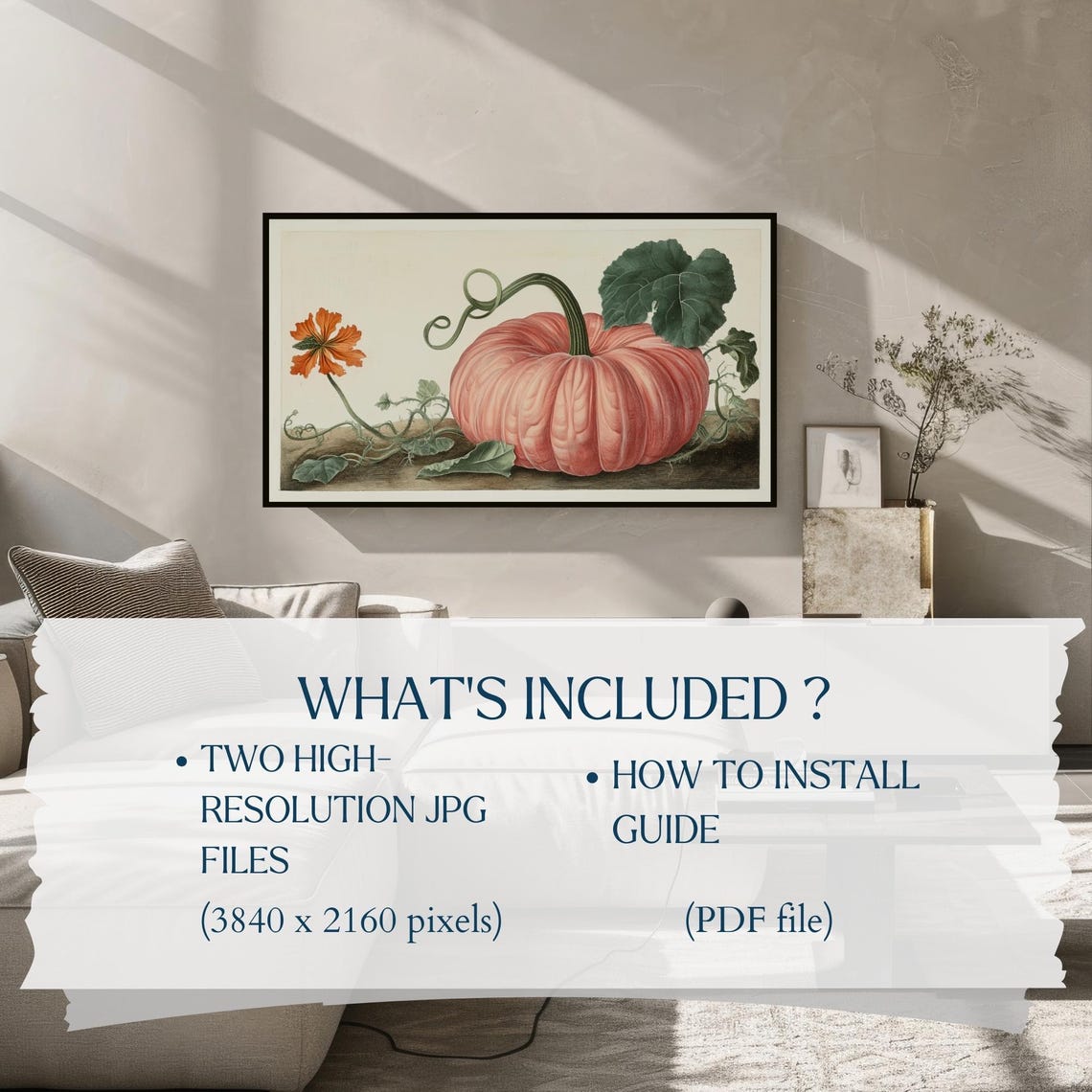 Pink Pumpkin Botanical Vintage Fall Style Frame TV Art Print - Image 2
