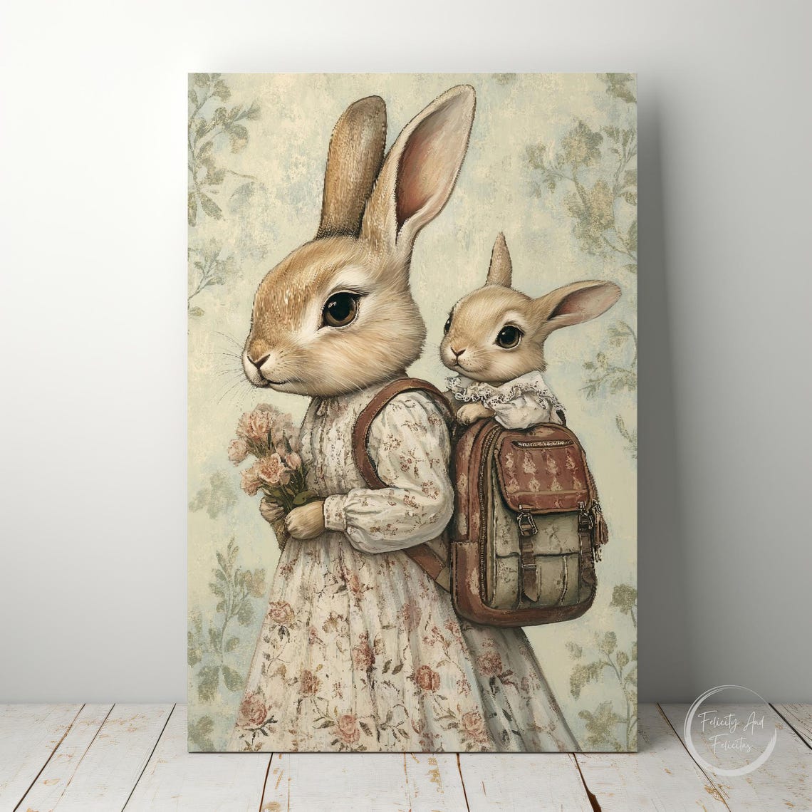 Vintage Mother Rabbit with Baby in Backpack Floral Nursery Wall Art - Image 3