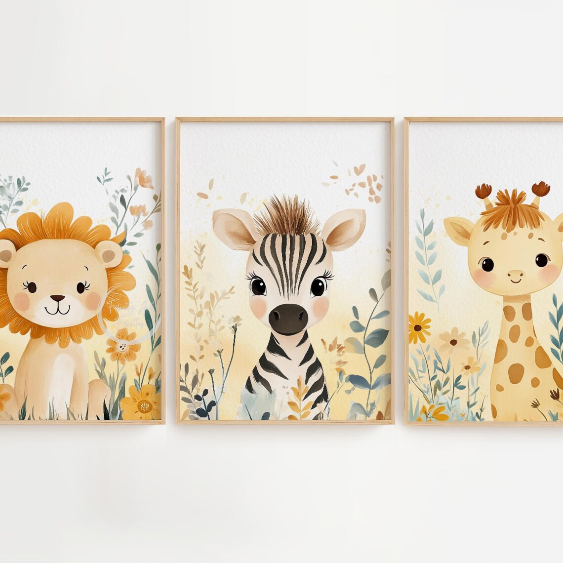 Safari Nursery Set Lion Zebra Giraffe Yellow Floral Kids Wall Art - Image 3