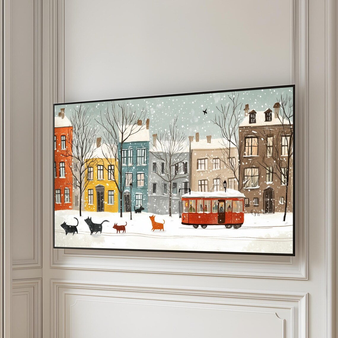 Winter City Street Red Tram Snowy Cats Falling Snow Frame TV Art Poster - Image 4