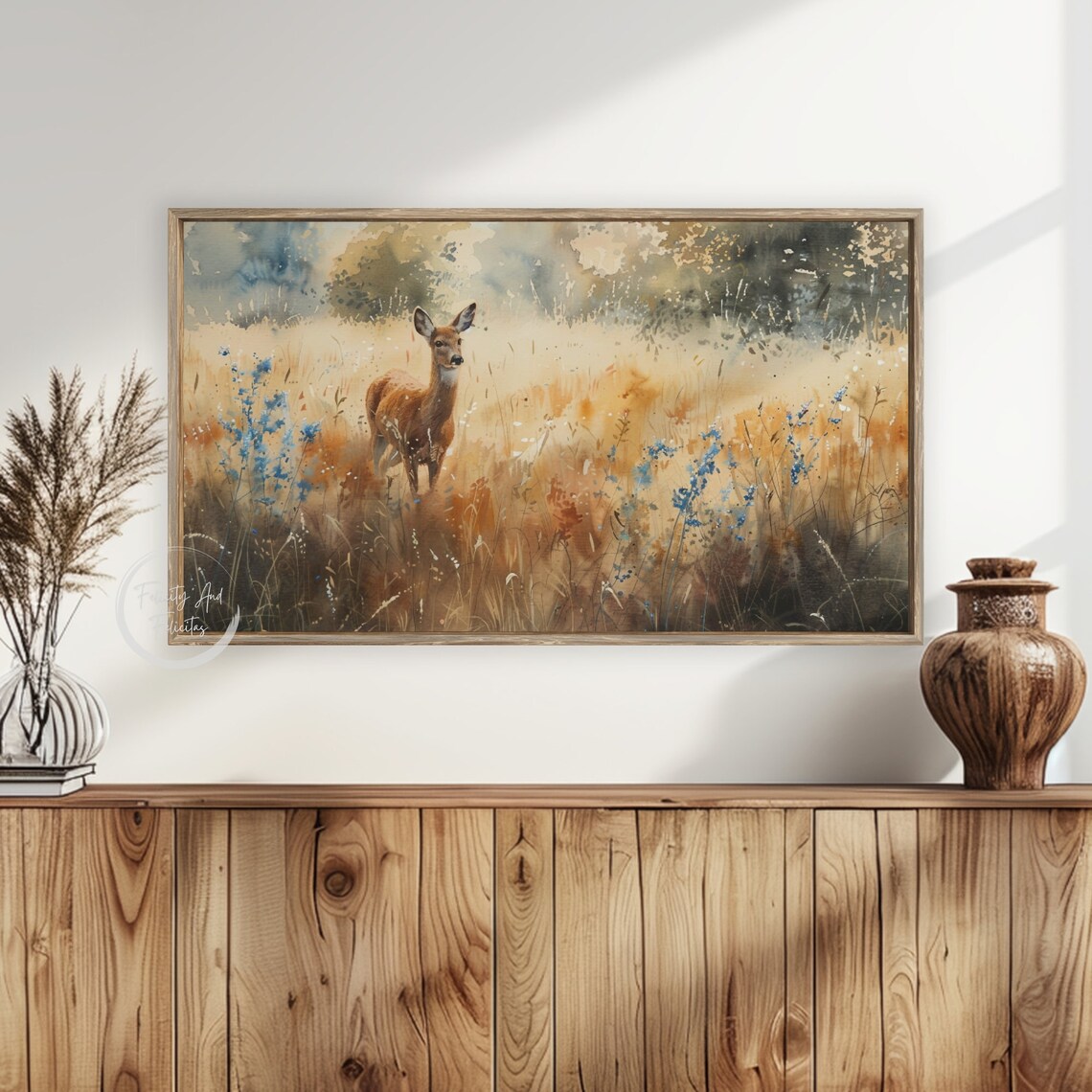 Deer in Golden Autumn Meadow Watercolor Blue Wildflower Art Poster - Image 5