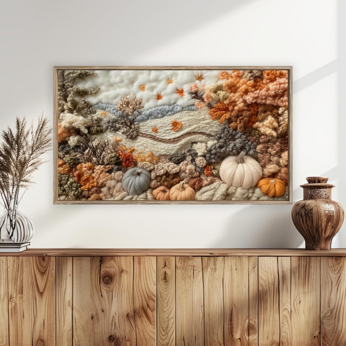 Textured Wool Fiber Art Autumn Landscape Pumpkins Fall Field Poster - Image 5