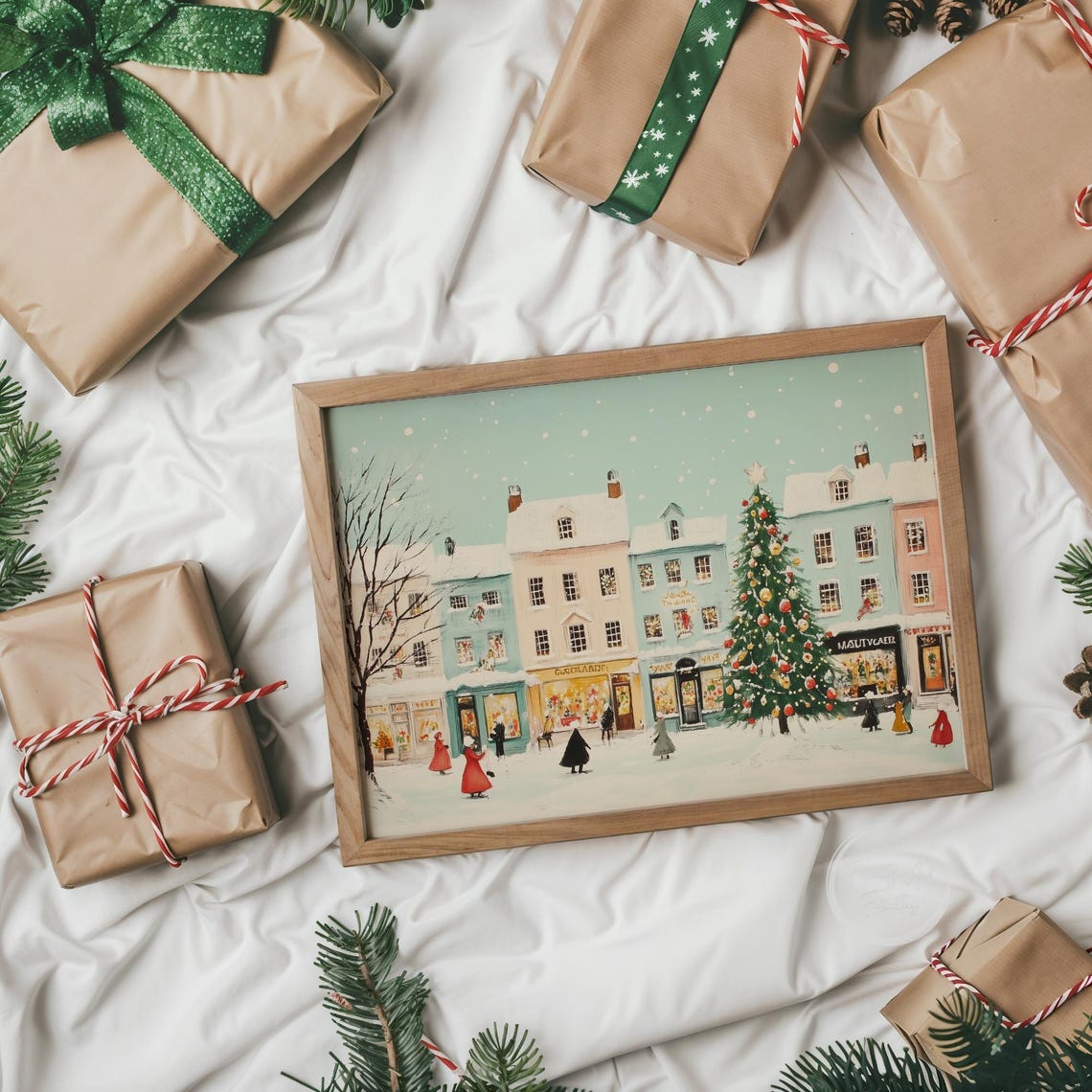 Cute Pastel Christmas Shopping Street Snowy Town Scene Poster - Image 6