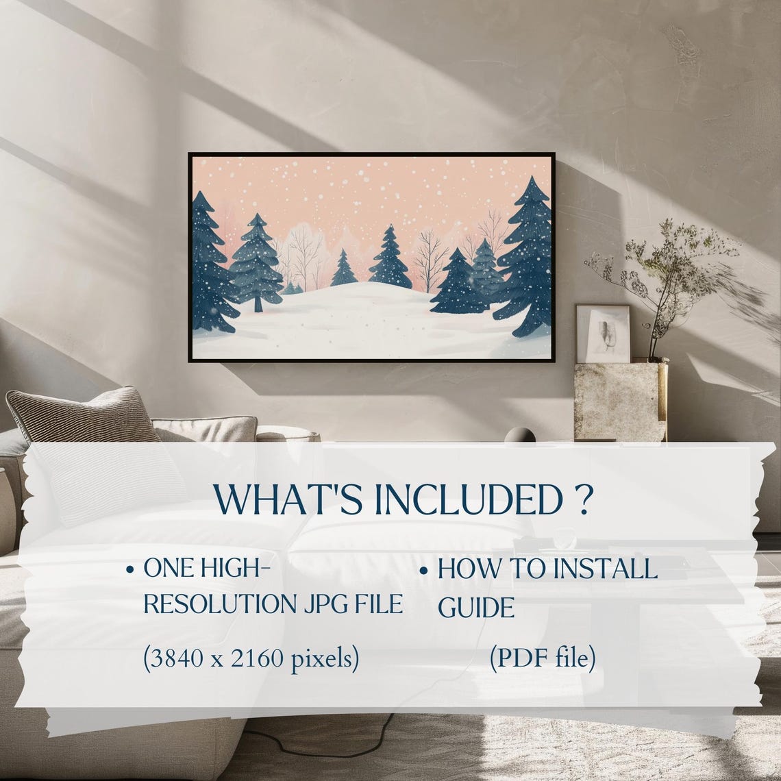 Snowy Pine Forest Peach Sky Falling Snow Christmas Poster Art - Image 2