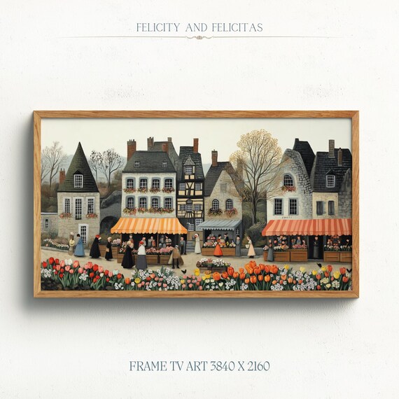 Retro Tulip Flower Market Old Town Spring Awnings Frame TV Art Poster