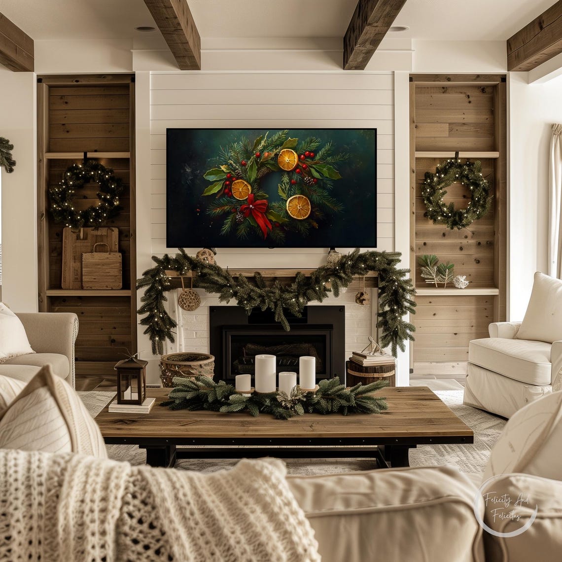 Christmas Wreath With Orange Slices Berries Pine Dark Art Poster - Image 3