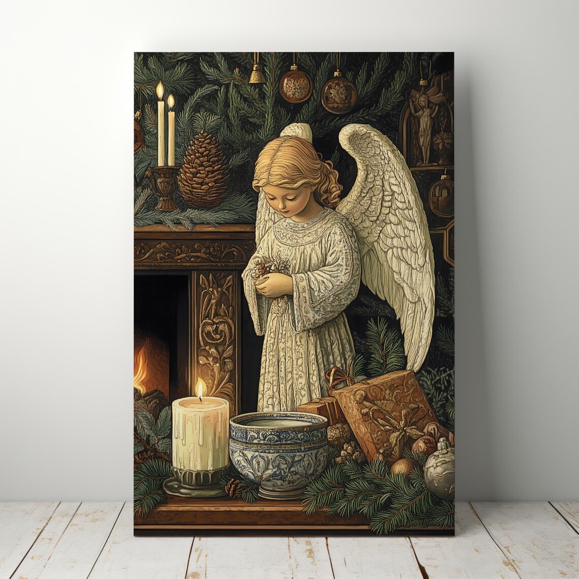 Christmas Angel Girl Fireplace Mantel Vintage Holiday Art Poster - Image 3