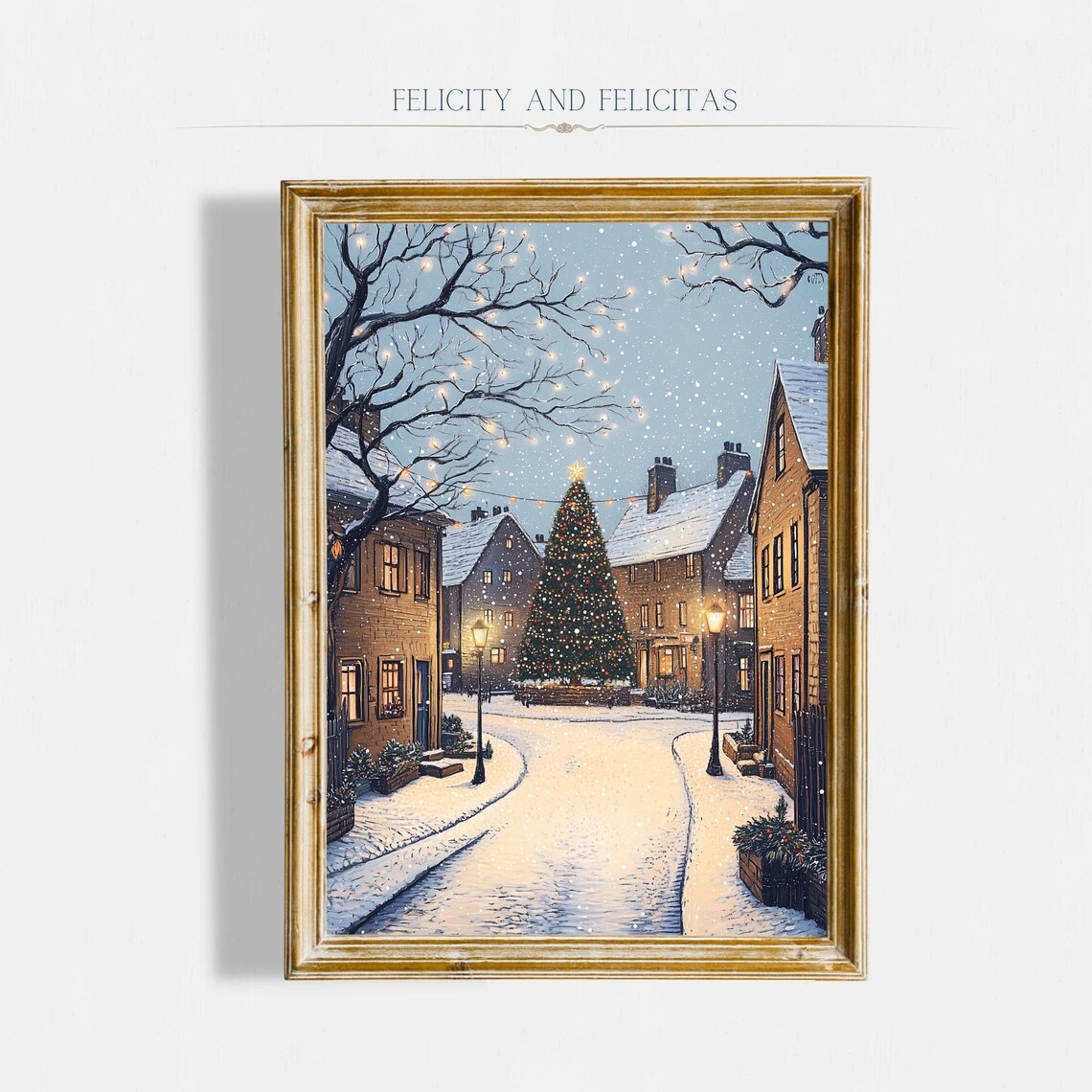 Snowy Christmas Village Street Night Tree Lamps Cozy Town Poster
