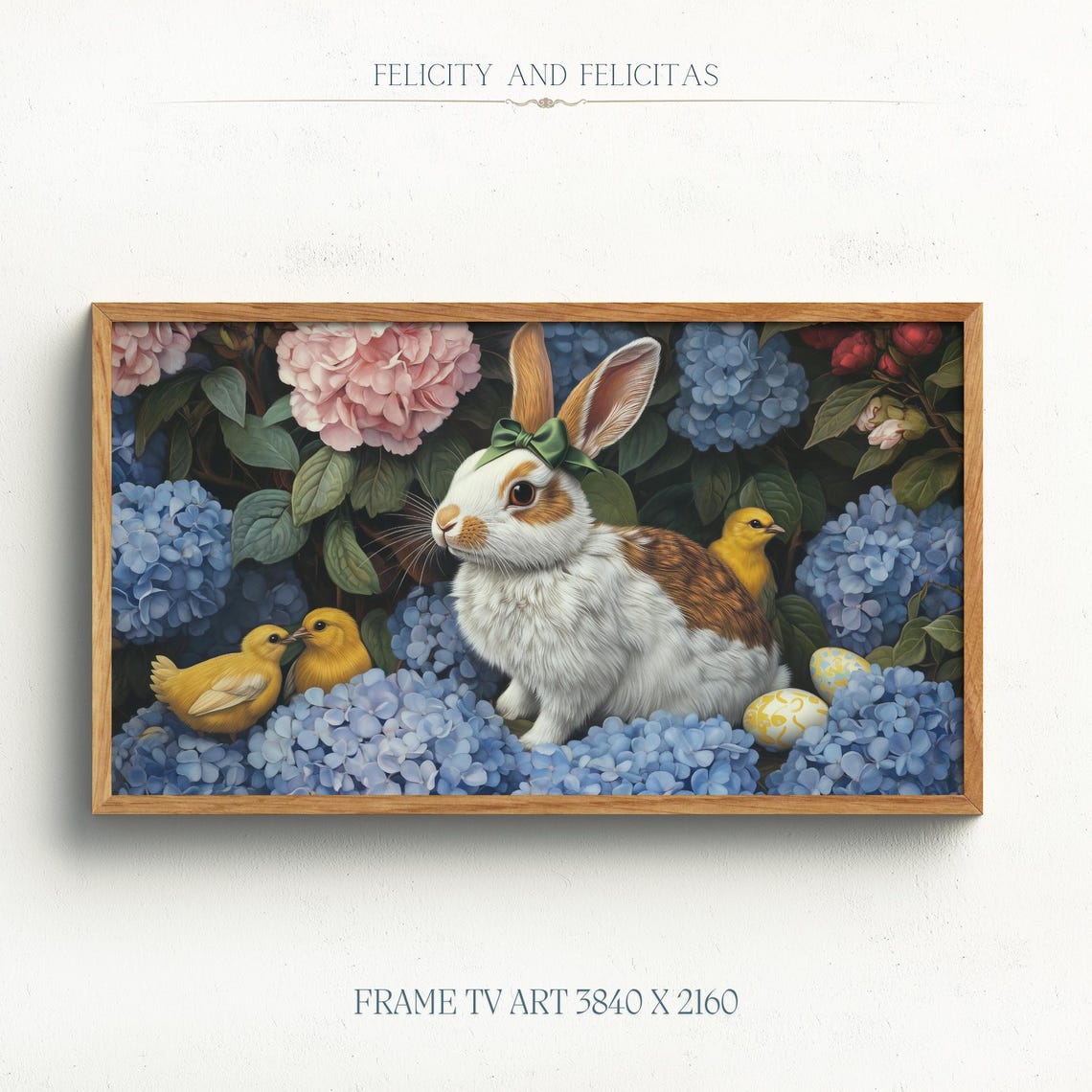 Easter Bunny Green Bow Chicks Hydrangeas Spring Frame TV Art Poster