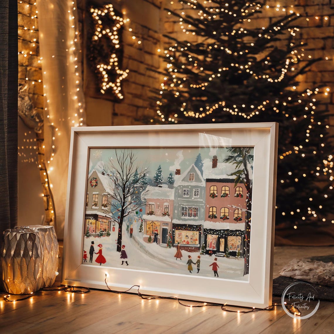 Vintage Christmas Village Square Holiday Shops Snow Scene Poster - Image 5