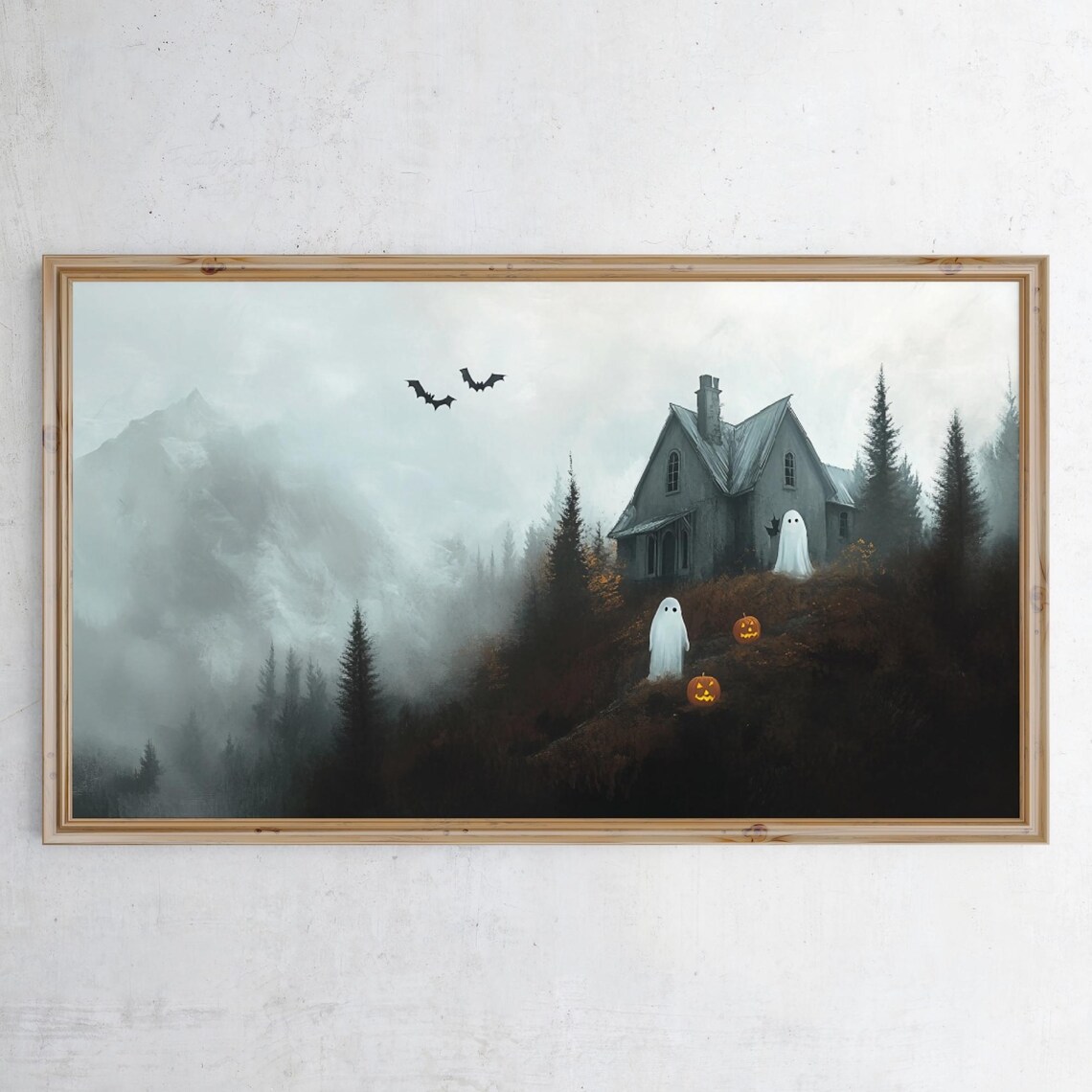 Haunted House Ghosts Pumpkins Misty Night Halloween TV Art Poster - Image 3