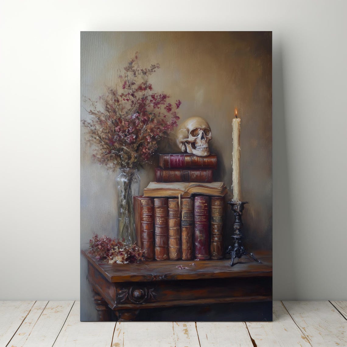 Skull on Vintage Books with Candle Dark Still Life Halloween Wall Art - Image 5