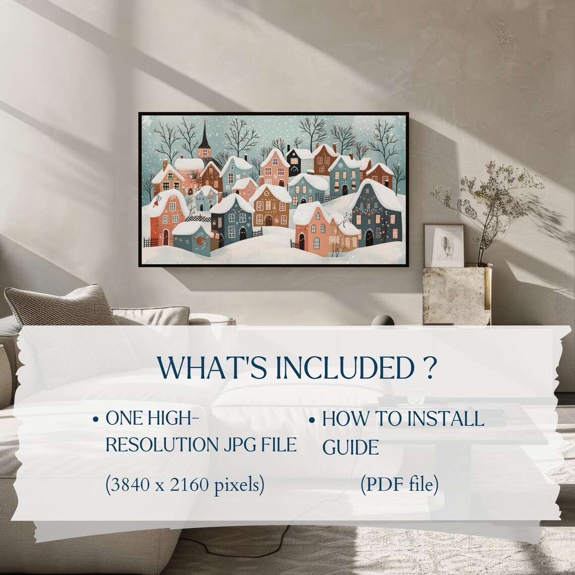 Cute Pastel Winter Village Illustration Snowy Town Scene Poster - Image 2