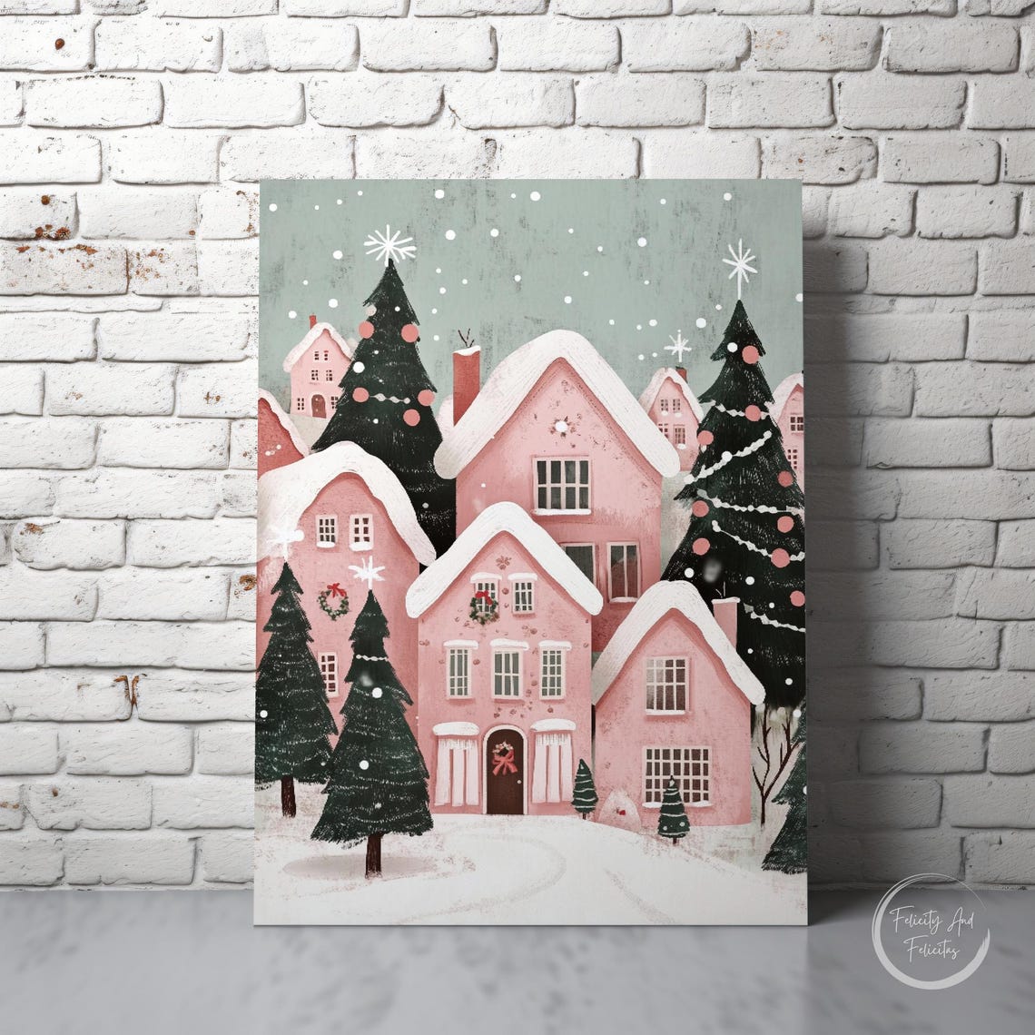 Pink Christmas Village with Decorated Evergreens Snowfall Poster - Image 6
