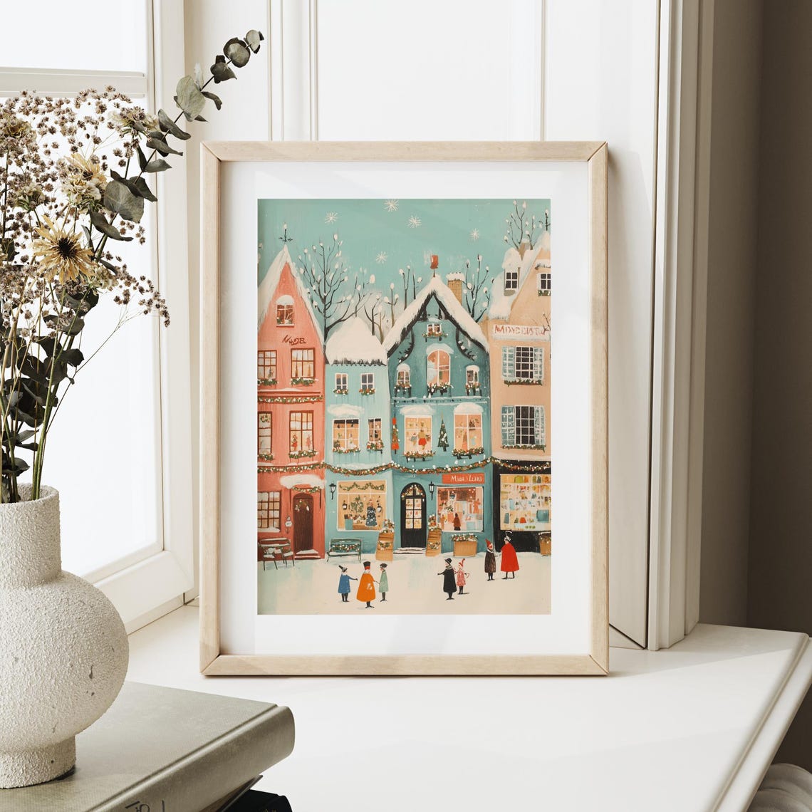 Charming Snowy Christmas Town Square Holiday Shops Folk Art Poster - Image 4