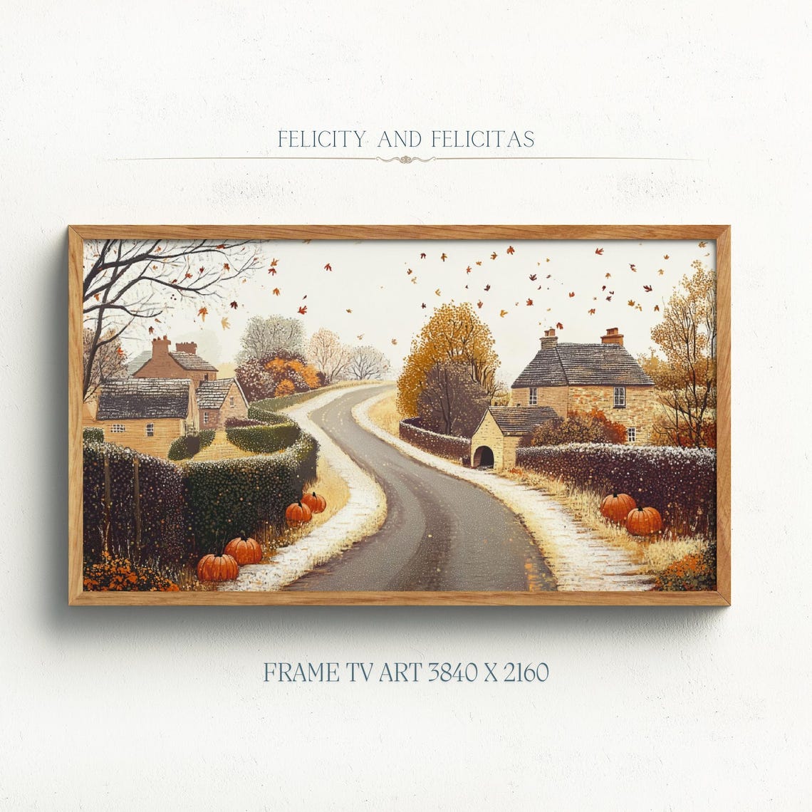 Autumn Country Road with Cottages Pumpkins and Falling Leaves Poster