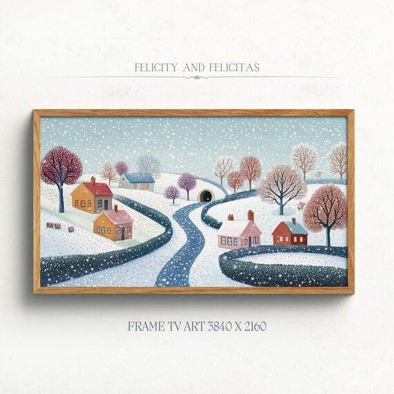 Snowy Village Winding River Cottages Falling Snow Dot Art Poster