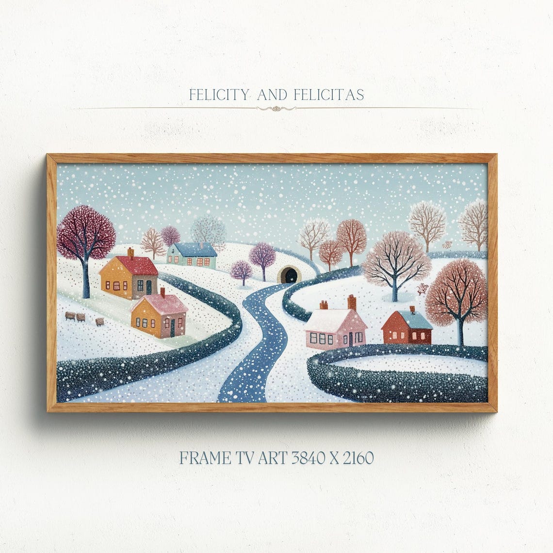Snowy Village Winding River Cottages Falling Snow Dot Art Poster