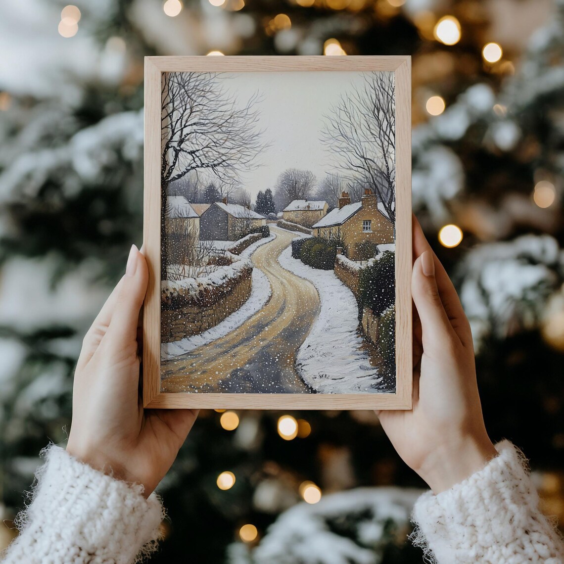 Quiet Snowy Village Lane with Cottages and Bare Trees Winter Poster - Image 6