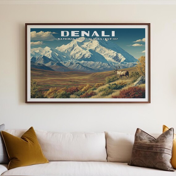 Denali National Park Alaska Snowy Peak Vintage Mountain Poster