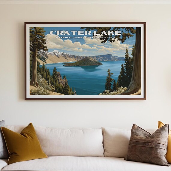 Crater Lake National Park Oregon Blue Lake Vintage Travel Poster