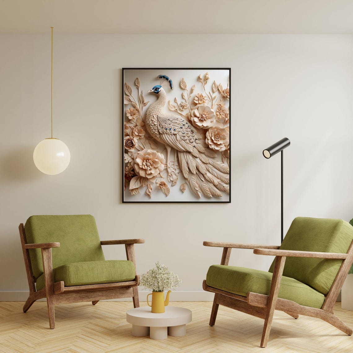 White Peacock 3D Floral Relief Sculpture Elegant Home Decor Poster