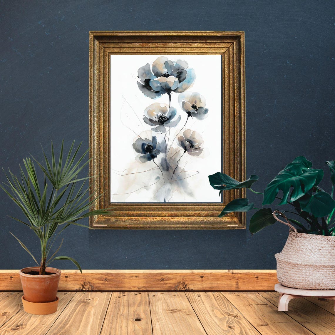 Elegant Blue Watercolor Floral Abstract Modern Botanical Poster
