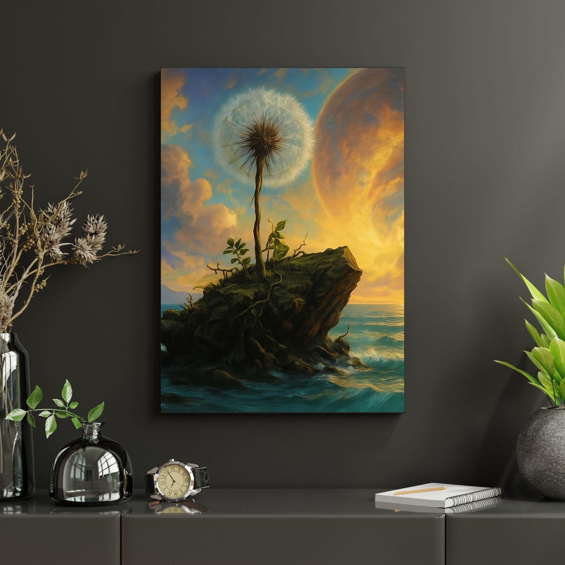 Giant Dandelion on Rocky Island Sunset Surreal Landscape Poster