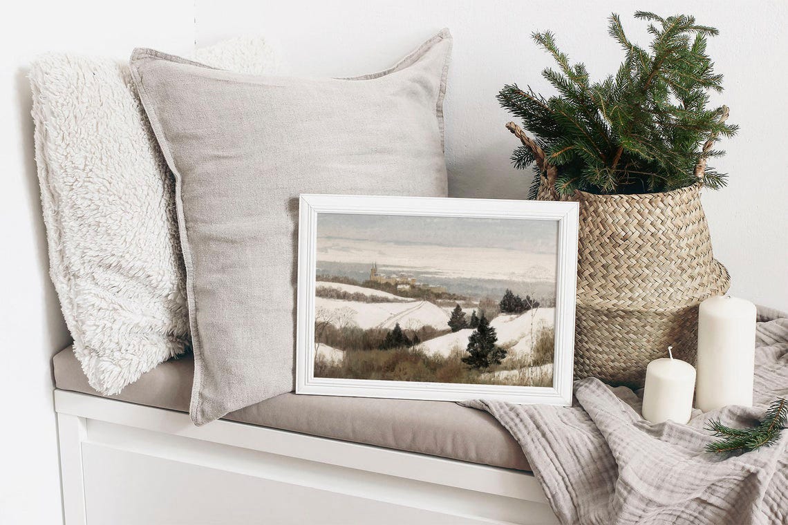 Snowy Rolling Hills Distant Town Spires Framed Winter Painting - Image 2