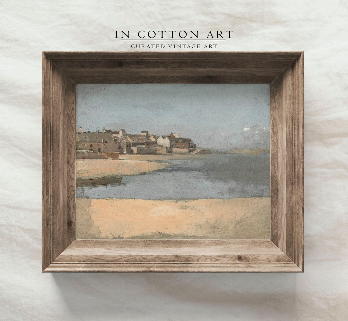Neutral Coastal Village Beach Oil Painting Soft Tonal Art Print - Image 4