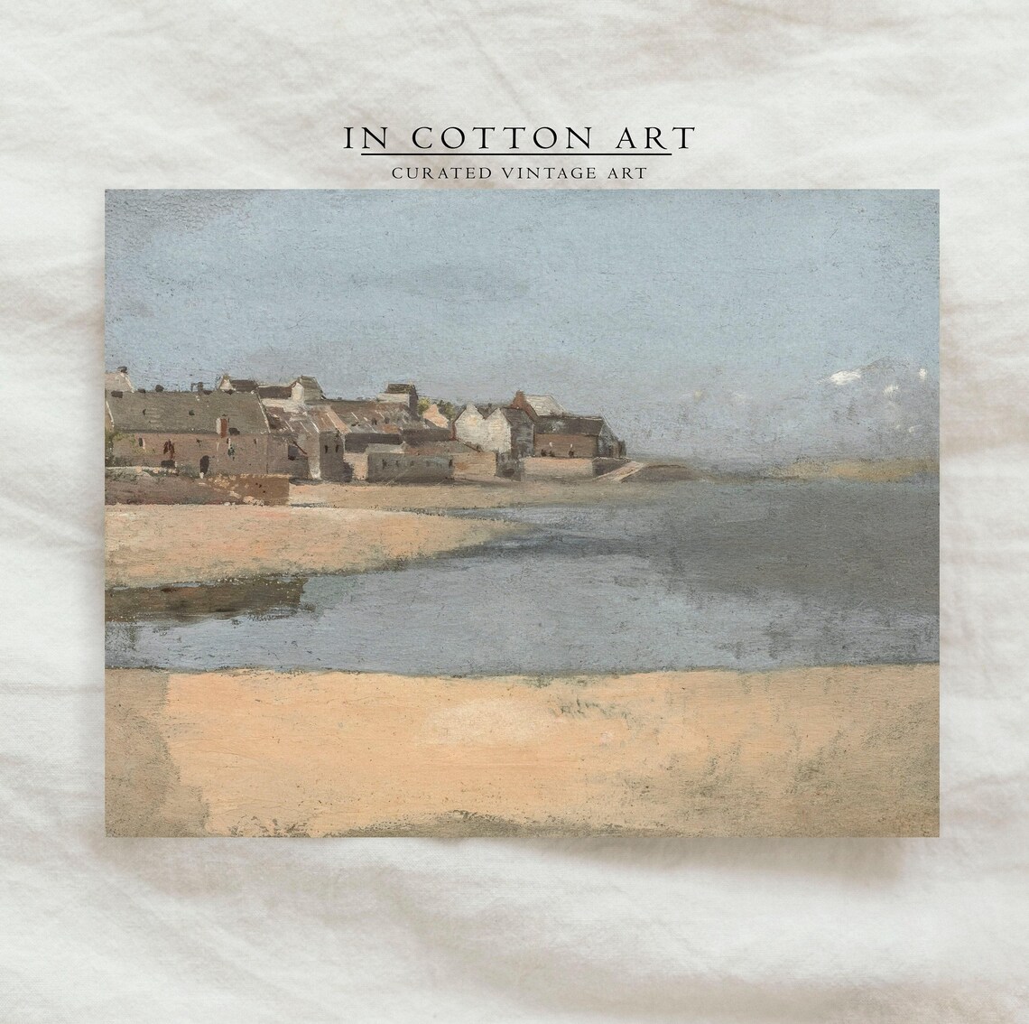 Neutral Coastal Village Beach Oil Painting Soft Tonal Art Print