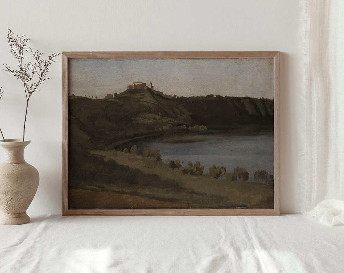 Moody Dark Lake Landscape Hilltop Village Oil Painting Wall Art - Image 2