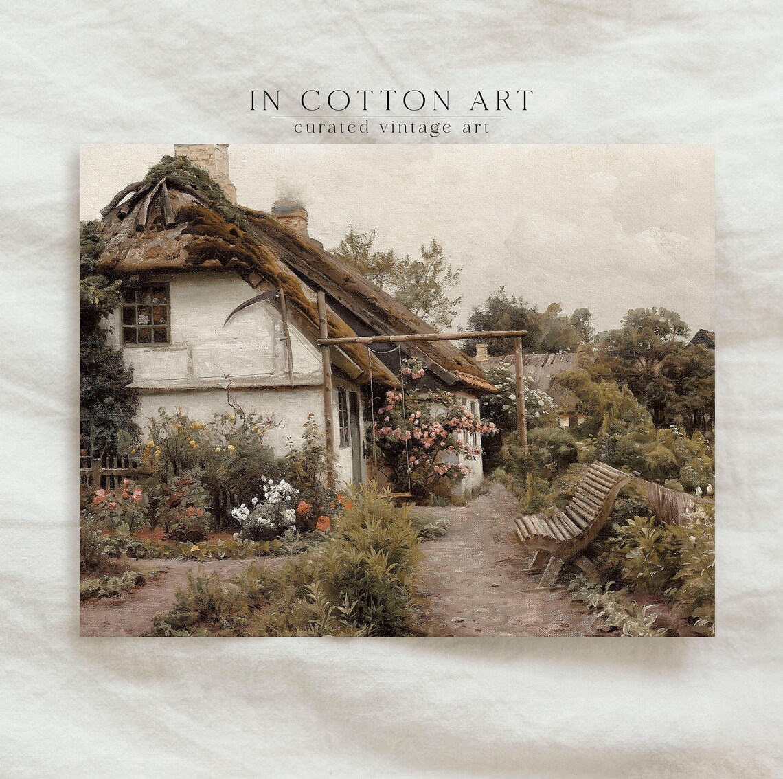 Cottage Rose Garden, Vintage Farmhouse Art Print