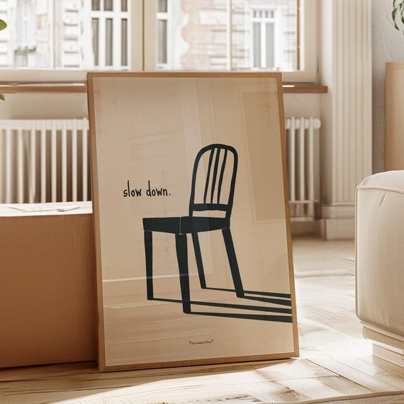 Slow Down Chair Print Hand Drawn Chair Wall Art Sketch Print Black Beige Modern Abstract Wall Art Trendy Minimalist Poster Art