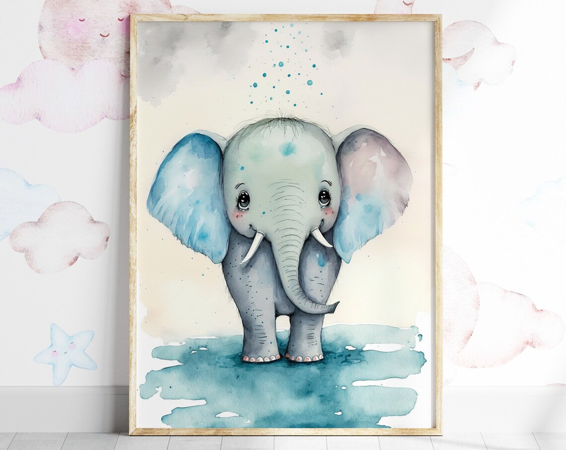 Cute Baby Elephant Blue Ears Watercolour Nursery Kids Room Poster