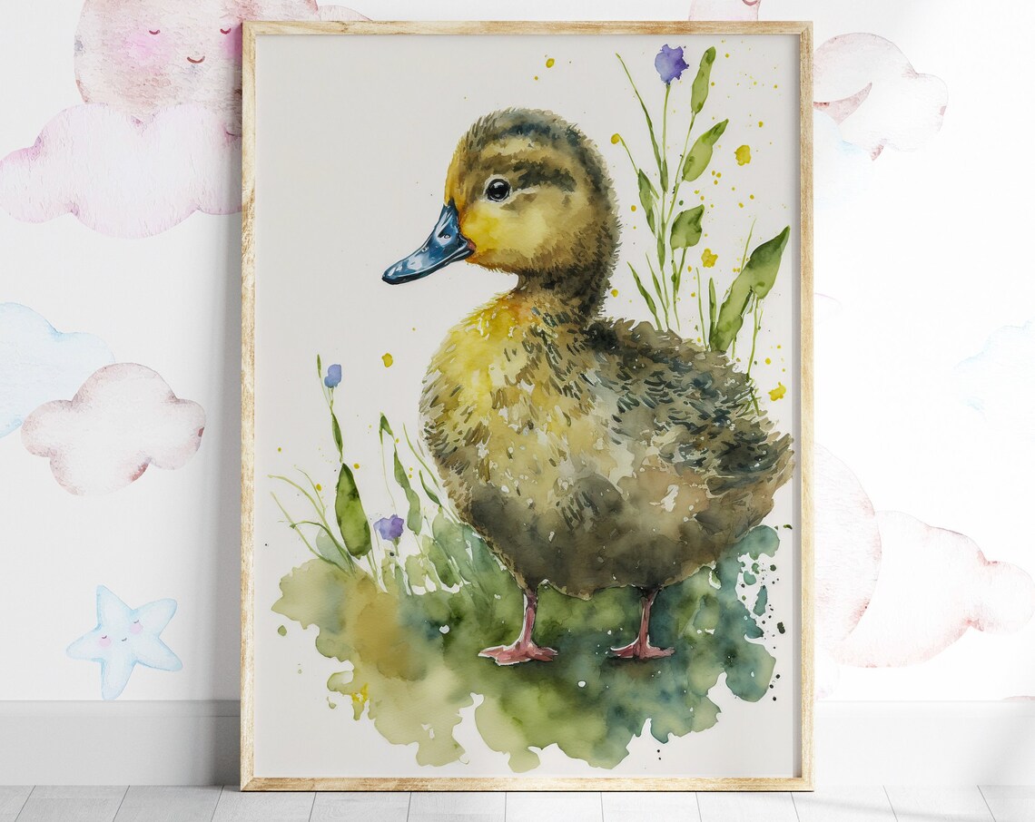 Cute Duckling Watercolor Grass Flowers Baby Nursery Art Poster