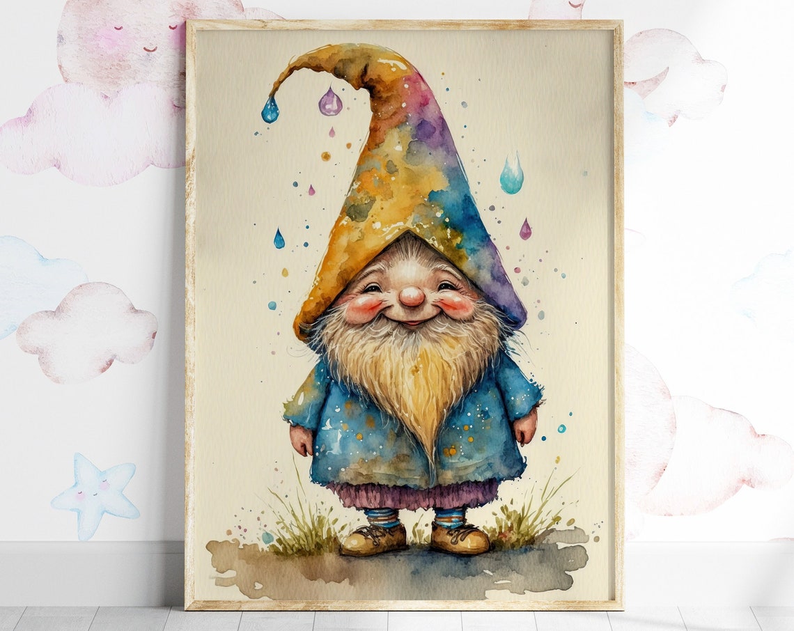 Smiling Gnome Rainbow Pointy Hat Watercolor Nursery Art Poster