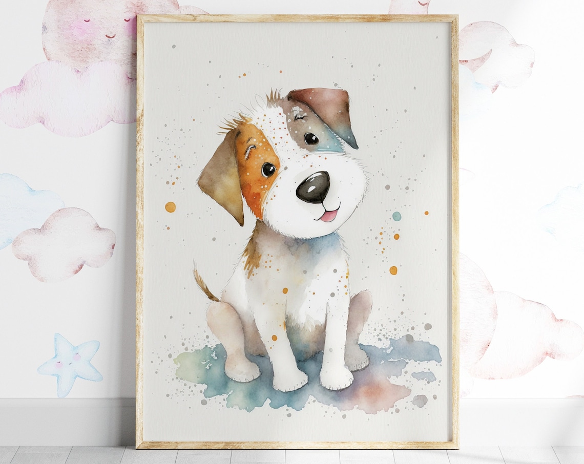 Cute Jack Russell Puppy Watercolor Nursery Kids Room Art Print