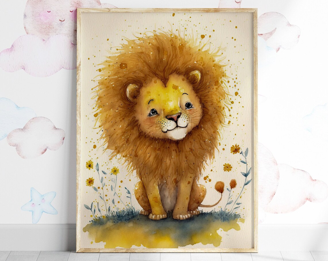 Baby Lion Golden Mane Watercolor Nursery Animal Art Decor Poster