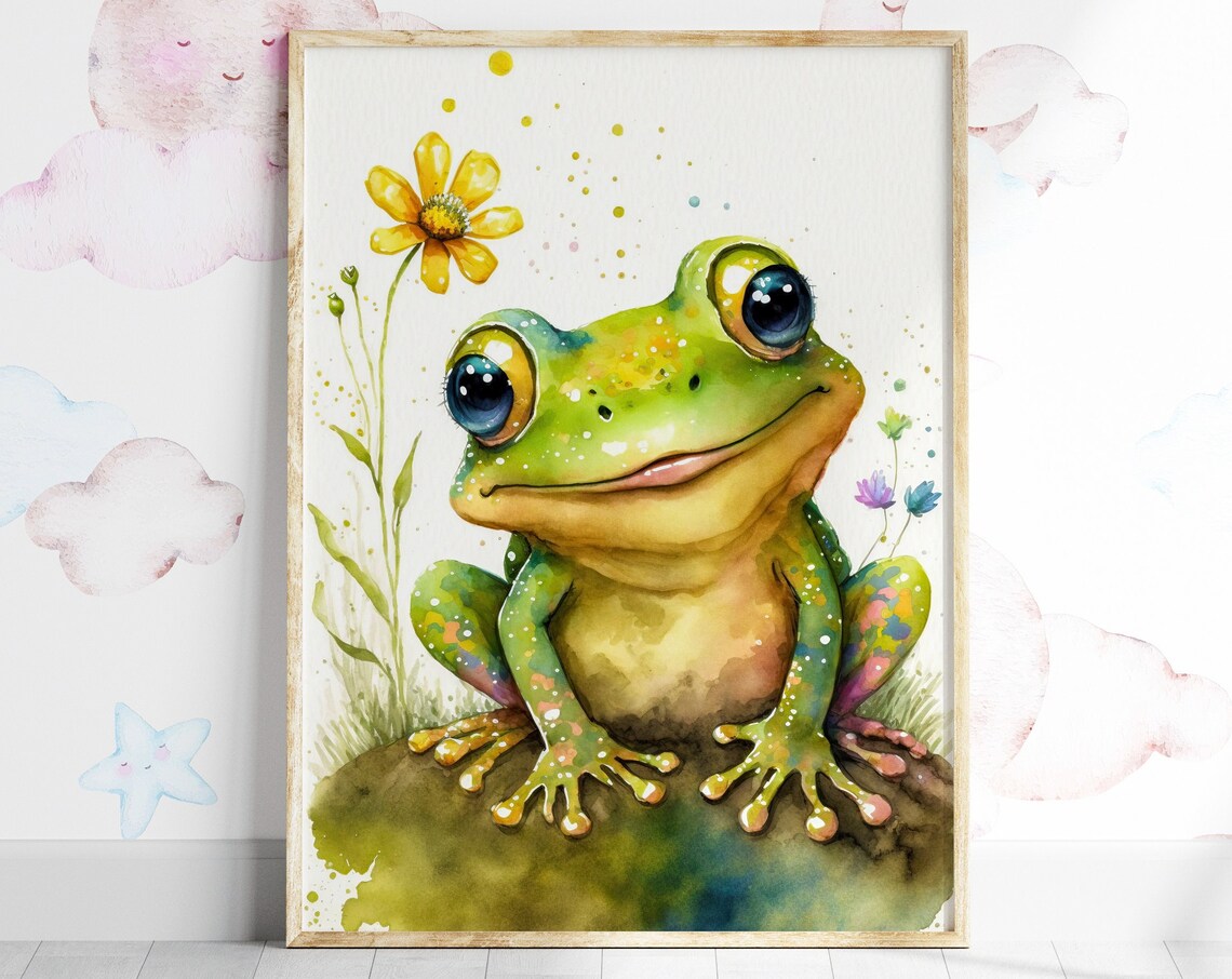Watercolor Smiling Frog Daisy Cute Nursery Animal Art Poster