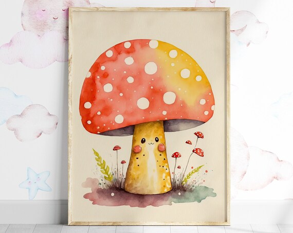 Cute Mushroom Print Physical Art Print Free Worldwide Shipping Nursery Wall Art Generative Art Gift For A New Mum Kids Art Print